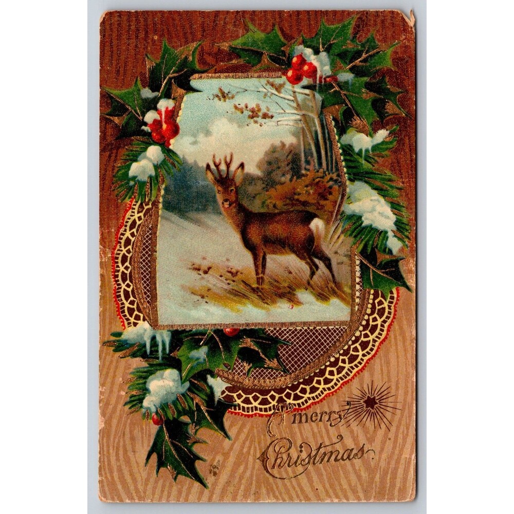 Postcard Merry Christmas Holly Deer Gold Trim Posted 1914 Stamp Made in Germany